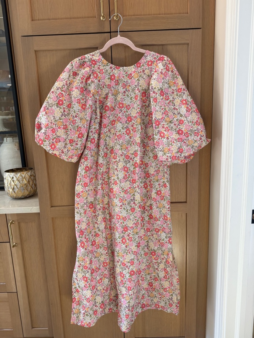Floral Puff-Sleeve Cotton Dress in Pink